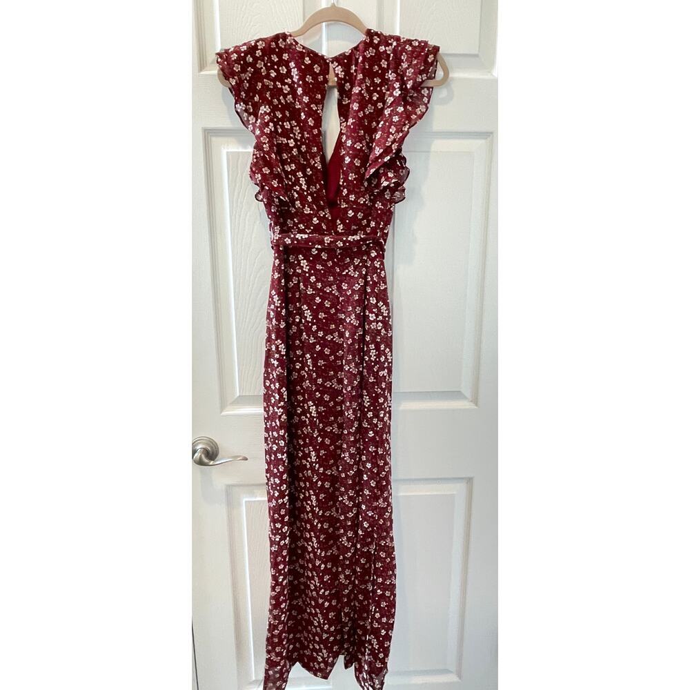 Love at First Sight Chiffon Floral Burgundy Maxi Dress Sz S #5